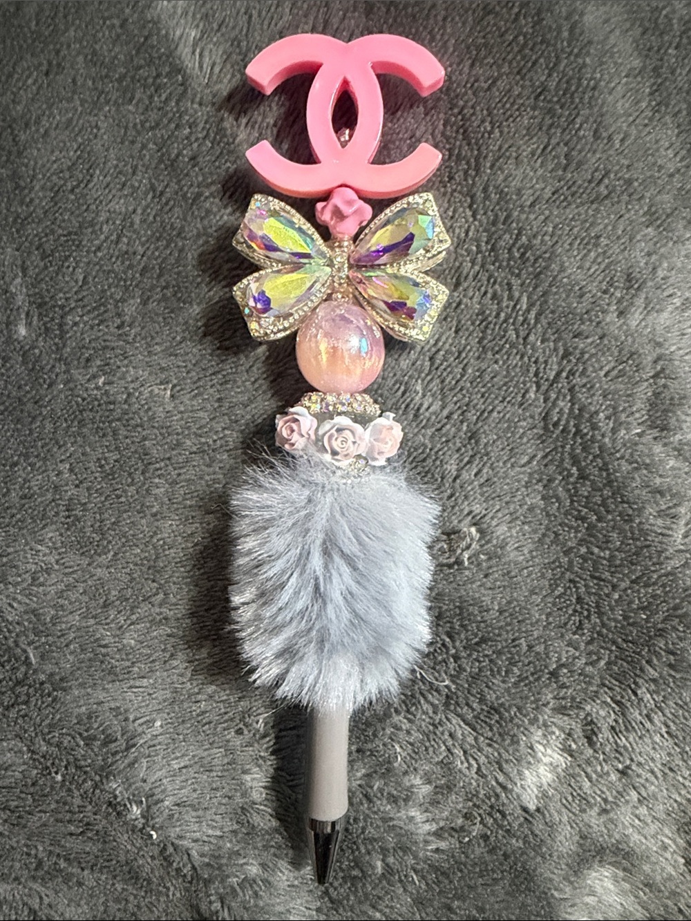Pink Rhinestone Bow Pen with Gray Fur